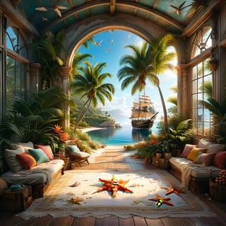 ((ultra realistic photo)), a cute disordered shabby ragged style pirate balcony on the white sand, dusty worn-out walls,spiderwebs on the wall, scattered white blanket on the sofa, creased white rug, shabby bean-bed, little treasure chest as table, huge window, great amazing view to the south pacific lagoon, , detailed beach , scattered blankets here and there, tiny delicate sea-shell, little delicate starfish, sea ,(very detailed amazing view to the tropical lagoon, SEA SHORE, PALM TREES, sailing ship, DETAILED LANDSCAPE, COLORFUL) (GOLDEN HOUR LIGHTING),Tim Burton Style