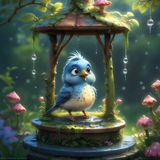 we see the DETAILED enchanted little garden, DETAILED ENCHANTED garden life, fluffy tiny FUNNY BIRD standing on the bird feeder,  waterdrops dripping around. Modifiers: Unreal Engine, magical, Pino Daeni, midjourney, Astounding, outstanding, otherwordliness, cute illustration, cuteaesthetic, Boris Vallejo style, highly intricate, whimsical, 4K 3D, stunning color depth, cute illustration, Jean-Baptiste Monge CUTE paint style
