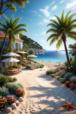 A serene NIzza beach scene unfolds before us. Little apartman house with terrace. Soft white sand stretches beneath the gentle sway of trees, while a family plays and laughs together and sunbathe. In the distance, a majestic sailing ship glides across the calm sea, its sails billowing in the breeze. Blankets scatter the shore, topped with tiny treasures: delicate sea-shells and starfish. The highly detailed landscape, reminiscent of Jean-Jacques Sempé's whimsical illustrations from Petit Nicolas, comes to life in PASTEL SHADES.,3D, score_9_up