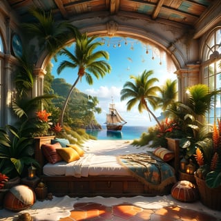 ((ultra realistic photo)), a cute disordered shabby ragged style pirate balcony on the white sand, dusty worn-out walls,spiderwebs on the wall, scattered white blanket on the sofa, creased white rug, shabby bean-bed, little treasure chest as table, huge window, great amazing view to the south pacific lagoon, , detailed beach , scattered blankets here and there, tiny delicate sea-shell, little delicate starfish, sea ,(very detailed amazing view to the tropical lagoon, SEA SHORE, PALM TREES, sailing ship, DETAILED LANDSCAPE, COLORFUL) (GOLDEN HOUR LIGHTING),Tim Burton Style