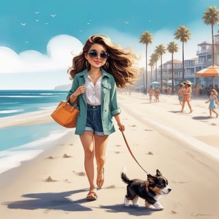 a stylish long haired girl walking in the beach shore street with a cute puppy. Modifiers: Coby Whitmore ART style, fashion illustration