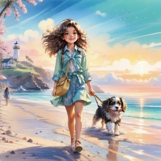a stylish long haired girl walking in the beach shore spring street with a cute puppy. Modifiers: Coby Whitmore crayon ART style, hippi fashion illustration, pastell crayon illustration

