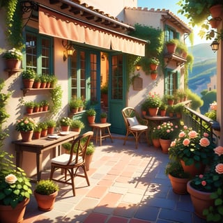 a miniature scene of a magical PROVENCE BALCONY with many potted plants and chairs, plants and terrace, summer morning light, beautiful terrace, garden at home, summer EVENING light, brilliant EVENING light, afternoon light, afternoon sun, garden environment, cozy place, lush flowers outdoors, afternoon light, ivy, bonsai, roses, table, stool, score_9_up,disney cartoon,3D MODEL, 