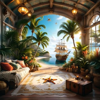 ((ultra realistic photo)), a cute disordered shabby ragged style pirate balcony on the white sand, dusty worn-out walls,spiderwebs on the wall, scattered white blanket on the sofa, creased white rug, shabby bean-bed, little treasure chest as table, huge window, great amazing view to the south pacific lagoon, , detailed beach , scattered blankets here and there, tiny delicate sea-shell, little delicate starfish, sea ,(very detailed amazing view to the tropical lagoon, SEA SHORE, PALM TREES, sailing ship, DETAILED LANDSCAPE, COLORFUL) (GOLDEN HOUR LIGHTING),Tim Burton Style