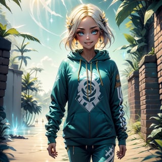 graffiti spray image on the brick wall about 1girl, solo, bob hair, blond hair, short hair, CUTE teenager BLUE EYED girl, boyish teenager body, little eyes, hair over shoulder, blonde hair, smile, (wearing a white, baggy hooded sweatshirt and baggy trouser) walking on the beach, blue sky. 