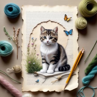 ((ultra realistic photo)), artistic sketch art, Make a little pencil sketch of a cute LITTLE CAT on an old TORN EDGE paper , art, textures, pure perfection, high definition, feather around, TINY DELICATE FLOWERS, ball of yarn, cushion, grass fiber on the paper,tiny yarn fibers, Sunbeam, butterfly, tiny cat toys, detailed calligraphy texts, tiny delicate drawings