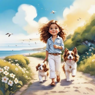 long haired LITTLE girl in BOHO STYLE white jeans and loose fitting white polo walking in the spring time beach street with a cute puppy, little birds on the morning sky. Modifiers: Bob peak ART STYLE, Coby Whitmore ART style, fashion magazine illustration