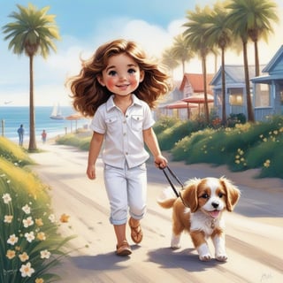 long haired LITTLE girl in casual white jeans and loose fitting white polo walking in the spring time beach street with a cute puppy. Modifiers: Bob peak, Coby Whitmore ART style, fashion magazine illustration