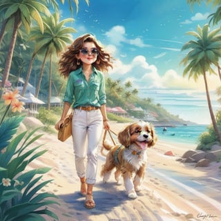 a stylish long haired CUTE girl IN WHITE PANTS walking in the TROPICAL beach shore street with a cute puppy. Modifiers: Coby Whitmore crayon ART style,  fashion illustration, whimsical crayon illustration, magazine illustration

