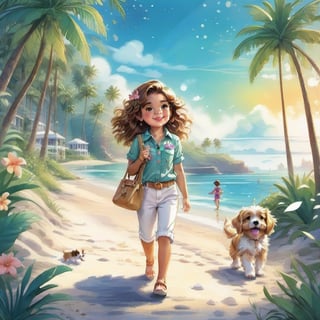 a stylish long haired CUTE LITTLE girl IN WHITE PANTS walking in the MAGICAL TROPICAL beach shore street with a cute puppy. Modifiers: Coby Whitmore crayon ART style,  fashion illustration, whimsical crayon illustration, magazine illustration

