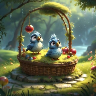 we see the DETAILED enchanted little garden, DETAILED garden life, fluffy tiny FUNNY BIRD standing on the edge of the packed picnic basket, the basket is standing in the grass, waterdrops dripping around. Modifiers: Unreal Engine, magical, Pino Daeni, midjourney, Astounding, outstanding, otherwordliness, cute illustration, cuteaesthetic, Boris Vallejo style, highly intricate, whimsical, 4K 3D, stunning color depth, cute illustration, Jean-Baptiste Monge paint style
