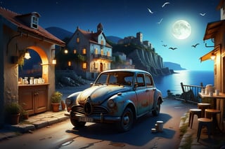 Old village on the sea night time, nice view, an old vintage car on the road, a little coffee shop, Jean-Baptiste Monge, Kukharskiy Igor, Thomas wells schaller style, ghostly, Nizza, summer,island,DonM3lv3nM4g1cXL,stworki,style,Apoloniasxmasbox,DonMD0n7P4n1cXL,colorful,skull,clay,kid_backdrop,nodf_xl,3D,real_booster,cute cartoon ,anitoon style