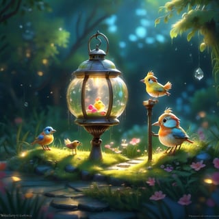 we see the DETAILED enchanted little garden, DETAILED ENCHANTED garden life, there is a lantern in the grass and the fluffy tiny FUNNY BIRD standing on the lantern, waterdrops dripping around. Modifiers: Unreal Engine, magical, Pino Daeni, midjourney, Astounding, outstanding, otherwordliness, cute illustration, cuteaesthetic, Boris Vallejo style, highly intricate, whimsical, 4K 3D, stunning color depth, cute illustration, Nazar Noschenko CUTE paint style