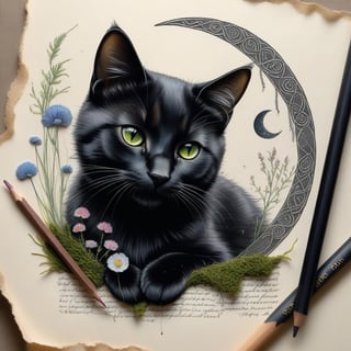 ((ultra realistic photo)), artistic sketch art, Make a little pencil sketch of a cute BLACK CAT on an old TORN EDGE paper , art, textures, pure perfection, high definition, feather around, DELICATE FLOWERS, ball of yarn, TALISMAN, grass fiber on the paper,LITTLE MOON, MOONLIGHT, DELICATE MUSHROOM, KEY, BROOM, MOSS FIBER ,DELICATE CELTIC ORNAMENT, detailed calligraphy text, tiny delicate drawings