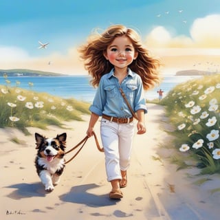 long haired LITTLE girl in BOHO STYLE white jeans and BOHO STYLE Loose fitting white polo walking in the spring time beach street with a cute puppy, little birds on the morning sky. Modifiers: Bob peak ART STYLE, Coby Whitmore ART style, fashion magazine illustration