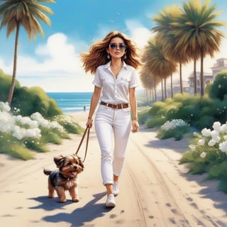 long haired GIRL in white jeans and white polo walking in the spring time beach street with a cute puppy. Modifiers: Bob peak, Coby Whitmore ART style, fashion magazine illustration.