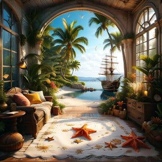 ((ultra realistic photo)), a cute disordered shabby ragged style pirate balcony on the white sand, dusty worn-out walls,spiderwebs on the wall, scattered white blanket on the sofa, creased white rug, shabby bean-bed, little treasure chest as table, huge window, great amazing view to the south pacific lagoon, , detailed beach , scattered blankets here and there, tiny delicate sea-shell, little delicate starfish, sea ,(very detailed amazing view to the tropical lagoon, SEA SHORE, PALM TREES, sailing ship, DETAILED LANDSCAPE, COLORFUL) (GOLDEN HOUR LIGHTING),Tim Burton Style