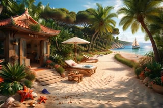 A serene NIzza beach scene unfolds before us. Little apartman house with terrace. Soft white sand stretches beneath the gentle sway of trees, while a family plays and laughs together and sunbathe. In the distance, a majestic sailing ship glides across the calm sea, its sails billowing in the breeze. Blankets scatter the shore, topped with tiny treasures: delicate sea-shells and starfish. The highly detailed landscape, reminiscent of Jean-Jacques Sempé's whimsical illustrations from Petit Nicolas, comes to life in PASTEL SHADES.,3dmdt1,3D