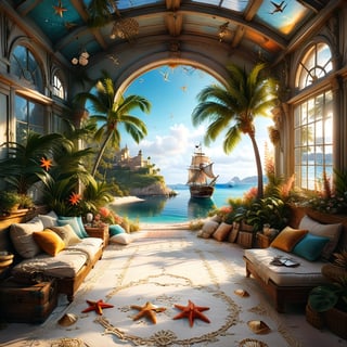 ((ultra realistic photo)), a cute disordered shabby ragged style pirate balcony on the white sand, dusty worn-out walls,spiderwebs on the wall, scattered white blanket on the sofa, creased white rug, shabby bean-bed, little treasure chest as table, huge window, great amazing view to the south pacific lagoon, , detailed beach , scattered blankets here and there, tiny delicate sea-shell, little delicate starfish, sea ,(very detailed amazing view to the tropical lagoon, SEA SHORE, PALM TREES, sailing ship, DETAILED LANDSCAPE, COLORFUL) (GOLDEN HOUR LIGHTING),Tim Burton Style