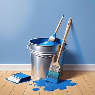 minimalistic, simple scene, blue colors, 2D,
paint bucket, paint in bucket, wooden_floor , sheet metal, paint brush inside bucket,
centered composition, simple illustration, 3 elements in composition, basic background
