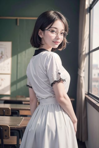 (A :1.3),(Masterpiece, Best quality:1.4), (Beautiful, Aesthetic, Perfect, Delicate, Intricate:1.2),((Best quality)), ((Masterpiece)), (Detailed),(A high resolution:1.2), Classroom, An adult female, Smiling Claudia Chever, Red shirt, White skirt, Glasses, Bend over, angle of view,