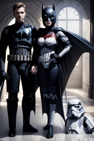 (+18) ,
beautiful sexy batwoman getting married to a stormtrooper in a palace kitchen,
Black and white tiles ,
Black suit with silver lines ,
Cleavage,
Full body shot,

,StormTrooper,1 girl