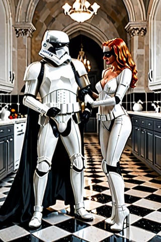 (+18) ,
beautiful sexy batwoman getting married to a stormtrooper in a palace kitchen,
Black and white tiles ,
Black suit with silver lines ,
Cleavage,
Full body shot,

,StormTrooper,1 girl,more detail XL,stormtrooper