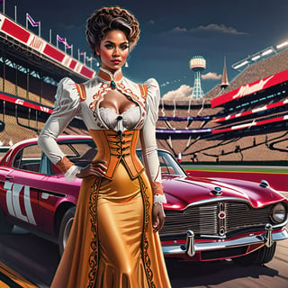 (+18) , NSFW, 
Nascar Racing event ,
1woman , 
Sexy African woman , 
Afro hair style , 
cleavage ,
Wearing Scottish skirt ,
Wearing a ((frock coat victorian era style)) , 

masterpiece , (best quality) , (realistic) , ((photorealistic)) ,
(ultra-detailed) ,
(detailed light) ,
(beautiful intricate eyes) ,
(beautiful face:1.4) ,
full body shot , 
far away shot,
athletic physique ,
neon highlights ,
(((((Victorian era england))))) ,
Matte photo ,
,
detailmaster2 ,
Dark,
neon colors,
,old style