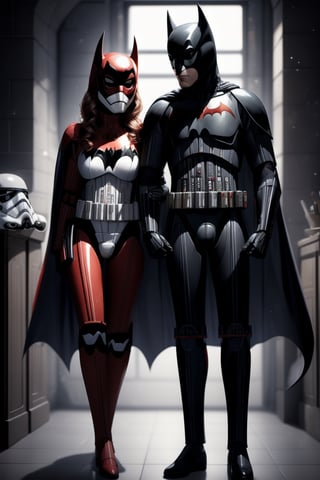 (+18) ,
beautiful sexy batwoman getting married to a stormtrooper in a palace kitchen,
Black and white tiles ,
Black suit with silver lines ,
Cleavage,
Full body shot,

,StormTrooper,1 girl