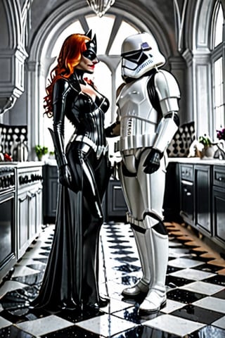 (+18) ,
beautiful sexy batwoman getting married to a stormtrooper in a palace kitchen,
Black and white tiles ,
Black suit with silver lines ,
Cleavage,
Full body shot,

,StormTrooper,1 girl,more detail XL,stormtrooper