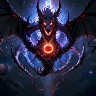 Generate a detailed image of Eclipse Wyrm, the apocalyptic dragon, based on the following description:

Eclipse Wyrm materializes with an imposing presence, a colossal dragon whose scales gleam with an otherworldly iridescence. Its immense body is adorned with a metallic sheen, reflecting an eerie blend of deep purples, obsidian blacks, and ominous blues. The dragon's silhouette is outlined by an ethereal glow, reminiscent of the elusive colors seen during a solar eclipse.

Eclipse Wyrm's eyes radiate an intense, almost blinding, luminescence. The pupils resemble miniature galaxies, swirling with cosmic energy. The dragon's wings, expansive and formidable, carry the patterns of celestial bodies, creating a surreal cosmic tapestry that dances with ethereal lights.

The body of Eclipse Wyrm is adorned with intricate, rune-like markings that glow with a pulsating energy. As the dragon moves, these runes shimmer and shift, conveying an arcane power that resonates with the very fabric of the cosmos. The creature's breath weapon is not fire but a dark energy, akin to the void itself, capable of swallowing the light and life around it.

The presence of Eclipse Wyrm is accompanied by a haunting cosmic melody, echoing through the air like an otherworldly requiem. Its roar is not just a sound but a harmonic resonance that sends shivers down the spine, echoing the finality of an impending apocalypse.

The image should encapsulate the essence of Eclipse Wyrm as a cosmic harbinger, a dragon infused with the power of celestial cataclysm. Use a color palette that blends deep cosmic hues with radiant bursts of otherworldly light to emphasize the dragon's cosmic nature.,Exe,horror (theme), 