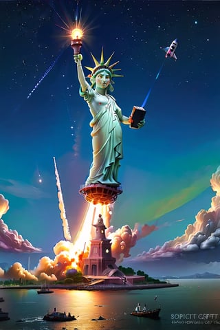 Statue of liberty is taking off as a space shuttle to the sky,spcrft
