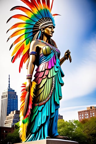 The statue of Liberty is a beautiful native american woman with a colorful feathered huge headdress on her head and a colorful feathered big tail,  large fluffy feathers,  
multicolor,  rainbow color, 
Full body shot,
 intricate detailed