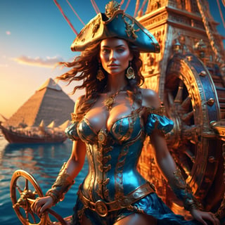 (+18) , NSFW ,
A Sexy female pirate is holding the helm of a pirate ship ,
Steering wheel The ship near The pyramids of Giza in a transparent ocean ,
 , 
 , 
intricate design, photorealistic, 
hyper-realistic, high definition, 
extremely detailed, 
cinematic, 
UHD, HDR, 32k, ultra hd, 
realistic, 
dark muted tones, highly detailed, 
perfect composition, 
beautiful intricate detailing , 
incredibly detailed octane render, 
trending on artstation, , 
nature, subsurface scattering, transparent, translucent skin, glow, bloom, Bioluminescent liquid, 3D style, cyborg style, Movie Still, Leonardo Style, warm color, vibrant, volumetric light,3d,more detail XL