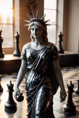 Realism, digital photo, Chess made of The statue of liberty,
at Townhouse, dramatic light, 
bokeh, Mosaic-Like,cinematic_warm_color, add_more_creative,Obsidian_Diamond,ral-pnrse