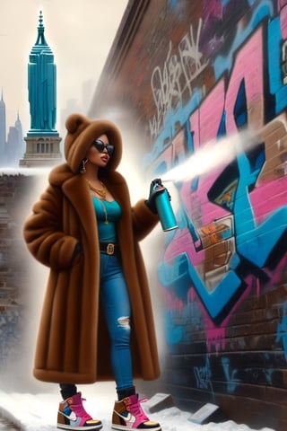 a spraycan in a fur coat electricboogaloostyle, 
Sexy women face, 
solo, 
gloves, 
Sexy shirt,
Cleavage,
holding, 
jewelry, 
standing, 
full body, 
shoes, 
black gloves, 
socks, 
Micro tiny skirt,
hood, 
necklace, 
coat, 
chain, 
sneakers, 
hood up, 
wall, 
(Statue of liberty) graffiti wall painting,
brown coat, 
hooded coat, 
graffiti, spray can ,

Focus on The statue of liberty,more detail XL