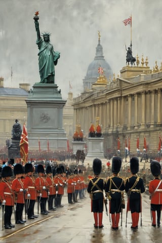 buckingham palace guards ,
In a parade,
Nearby,
(((The statue of liberty))) ,
Royal forces ,
Horses,
,
more detail XL,booth,more detail XL,,no humans,food ,painting by jakub rozalski