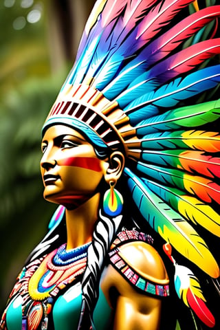 The statue of Liberty is a beautiful native american woman with a colorful feathered huge headdress on her head and a colorful feathered big tail,  large fluffy feathers,  
multicolor,  rainbow color, 
Full body shot,
 intricate detailed