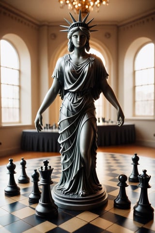 Realism, digital photo, Chess made of The statue of liberty,
Wide angle lens,
Full body shot,
at Townhouse, 
dramatic light, 
bokeh, 
Mosaic-Like,cinematic_warm_color, add_more_creative,Obsidian_Diamond,ral-pnrse