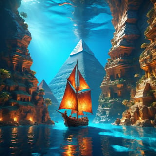 [The pyramids of Giza in the middle of a transparent blue ocean], 
 Viking ship is passing by The lazy waters , 
 , 
intricate design, photorealistic, 
hyper-realistic, high definition, 
extremely detailed, 
cinematic, 
UHD, HDR, 32k, ultra hd, 
realistic, 
dark muted tones, highly detailed, 
perfect composition, 
beautiful intricate detailing , 
incredibly detailed octane render, 
trending on artstation, , 
nature, subsurface scattering, transparent, translucent skin, glow, bloom, Bioluminescent liquid, 3D style, cyborg style, Movie Still, Leonardo Style, warm color, vibrant, volumetric light,3d,more detail XL
