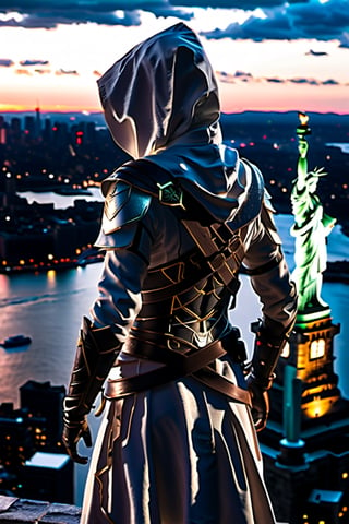 One girl, 
((assassin Creed)), 
hoody, white armor, 
New York city, 
neon lights, on top of a tower, 
crouching on top of a tower, 
aerial view of liberty island , 
((The statue of Liberty visible in background)) ,
|((wet surfaces)), 
rain, lightning, 
sparks, senset ,|
(Masterpiece, highly detailed, extremely detailed, beautiful, HD), 
(extremely clear CG unity 8k wallpaper, masterpiece, best quality, 
ultra-detailed, best shadow), 
(Detailed background), 
Movie Still, Film Still, mecha,more detail XL