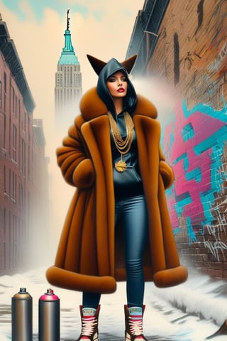 (+18) , NSFW ,
Sexy gothic Lady liberty in a fur coat electricboogaloostyle,, 
Brittany spears face ,
solo , sexy, gloves, long sleeves, holding, jewelry, standing, 
full body, shoes, black gloves, socks,, hood, necklace, coat, chain, sneakers, hood up, wall, brown coat, hooded coat, 
graffiti of The statue of liberty ,, 
spray can, in the style of esao andrews