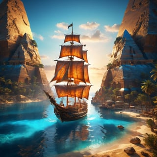 [The pyramids of Giza in the middle of a transparent blue ocean], 
 Pirate ship is passing by The lazy waters , 
 , 
intricate design, photorealistic, 
hyper-realistic, high definition, 
extremely detailed, 
cinematic, 
UHD, HDR, 32k, ultra hd, 
realistic, 
dark muted tones, highly detailed, 
perfect composition, 
beautiful intricate detailing , 
incredibly detailed octane render, 
trending on artstation, , 
nature, subsurface scattering, transparent, translucent skin, glow, bloom, Bioluminescent liquid, 3D style, cyborg style, Movie Still, Leonardo Style, warm color, vibrant, volumetric light,3d,more detail XL