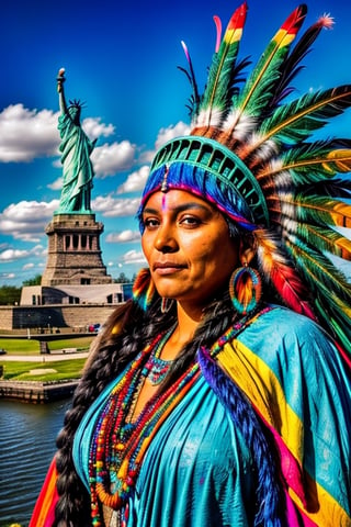 The statue of Liberty is a beautiful native american woman with a colorful feathered huge headdress on her head and a colorful feathered big tail,  large fluffy feathers,  
multicolor,  rainbow color, 
Full body shot,
 intricate detailed