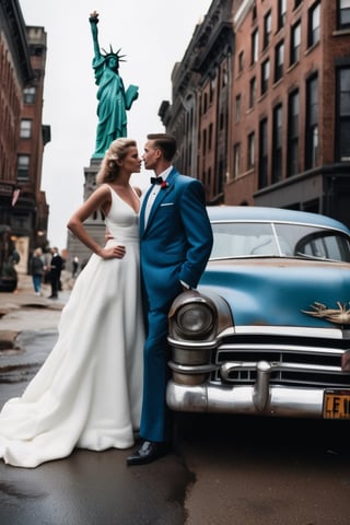 a ruined town, 
bomb craters , 
((Broken statue of liberty))
tank wrecks , rusty cars, 
crowds with gloomy eyes, 
realistic , 
detailed,,

Break ,,,

((Background:
,,, couple , man in blue Tuxedo, 
Woman in white dress ,))