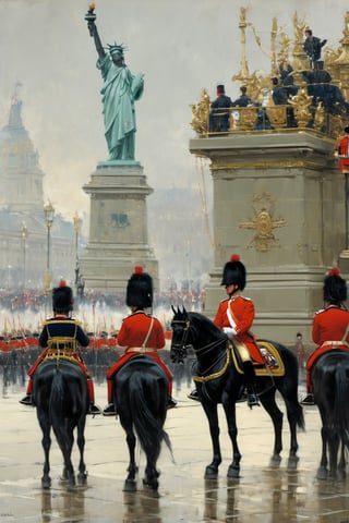 buckingham palace guards ,
In a parade,
Nearby,
(((The statue of liberty))) ,
Royal forces ,
Horses,
,
more detail XL,booth,more detail XL,,no humans,food ,painting by jakub rozalski