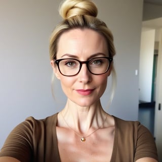 Create a selfie of a (((48-year-old European female teacher))) with pale skin, perfect shape body, small_breast, pendant_breasts and a sleek silhouette, inperfect skin. She has blonde hair with a messy bun, long oval face with warm and friendly look, small thin lips, light makeup, wearing ((glasses))