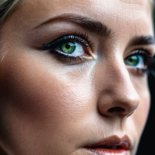 The left half of a 50-year-old woman's face with blonde hair and a messy bun, wearing glasses, is captured on a (extreme close-up:1.5) film photograph. It is pitch black and the light from the upper-left side falls on the half side of her face. The light isn't too bright, but It's just enough to barely reveal her magnificient cosmic green eyes and the immediate areas around it in a very sharp, high detail, casting a striking effect on her retinas, making it shines and looked so gorgeous and identical to a woman's. The photograph should showcase (only the half side of her face, focusing mainly on her eye:1.3). Shot on a kodak, (half face), (front view:1.5), (facing viewer:1.5), (vignette:1.2), shallow depth of field, masterpiece, best quality, ultra hires, 4k, HDR,  sharp focus, vibrant colors, cinematic lighting, cinematic photography, hyper realistic, ultra detailed, detailed eyes, perfect eyes.,photorealistic