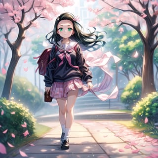 masterpiece,high detailed,1girl,4k,nezuko wearing sailor uniform,holding her school bag, walking foot path,sakura tree,pink leaves falling,green light,traffic moving,zebra crossing,front top view