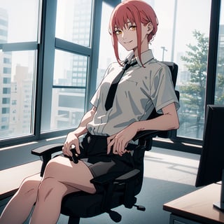 masterpiece,best quality,solo,makima,makima (chainsaw man) sitting in office chair,leggs crossed,fingers crossed in hands,white tshirt blackshort sirt black tie ,office scenery,near big galss transparent shiny window,tiny smile